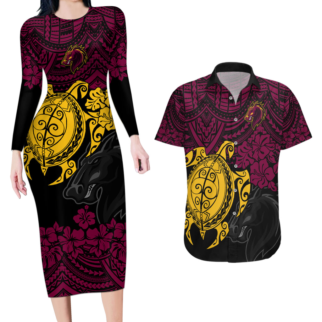 custom-broncos-rugby-couples-matching-long-sleeve-bodycon-dress-and-hawaiian-shirt-brisbane-hibiscus-and-turtle-with-polynesian-pattern