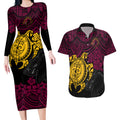 custom-broncos-rugby-couples-matching-long-sleeve-bodycon-dress-and-hawaiian-shirt-brisbane-hibiscus-and-turtle-with-polynesian-pattern