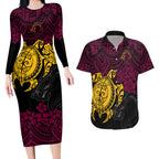custom-broncos-rugby-couples-matching-long-sleeve-bodycon-dress-and-hawaiian-shirt-brisbane-hibiscus-and-turtle-with-polynesian-pattern