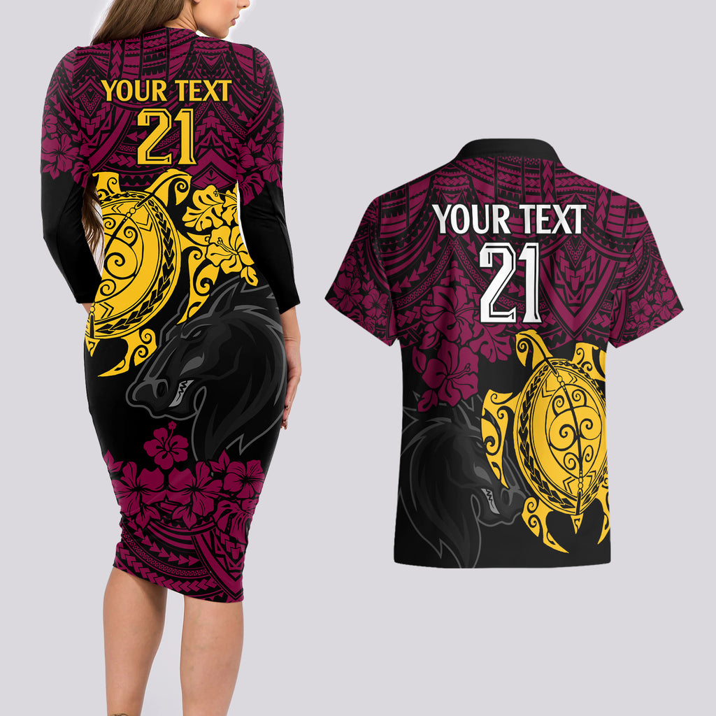 custom-broncos-rugby-couples-matching-long-sleeve-bodycon-dress-and-hawaiian-shirt-brisbane-hibiscus-and-turtle-with-polynesian-pattern