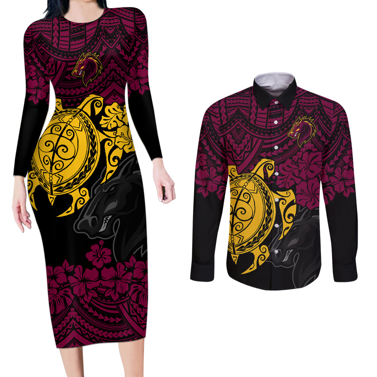 custom-broncos-rugby-couples-matching-long-sleeve-bodycon-dress-and-long-sleeve-button-shirt-brisbane-hibiscus-and-turtle-with-polynesian-pattern
