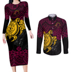 custom-broncos-rugby-couples-matching-long-sleeve-bodycon-dress-and-long-sleeve-button-shirt-brisbane-hibiscus-and-turtle-with-polynesian-pattern