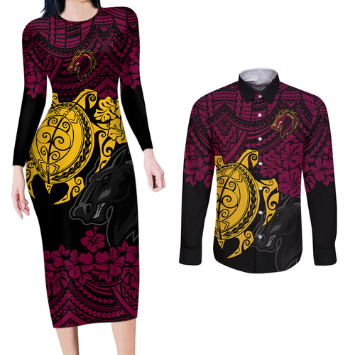 custom-broncos-rugby-couples-matching-long-sleeve-bodycon-dress-and-long-sleeve-button-shirt-brisbane-hibiscus-and-turtle-with-polynesian-pattern
