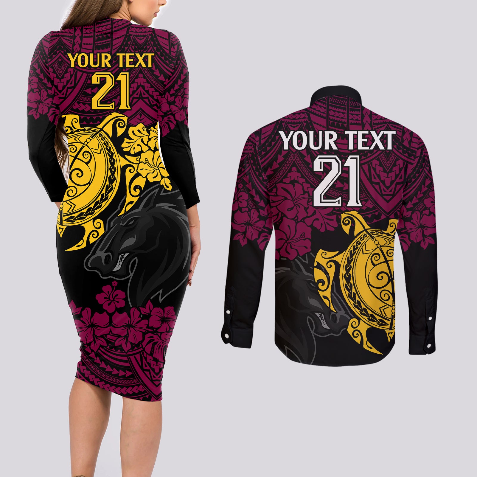 custom-broncos-rugby-couples-matching-long-sleeve-bodycon-dress-and-long-sleeve-button-shirt-brisbane-hibiscus-and-turtle-with-polynesian-pattern