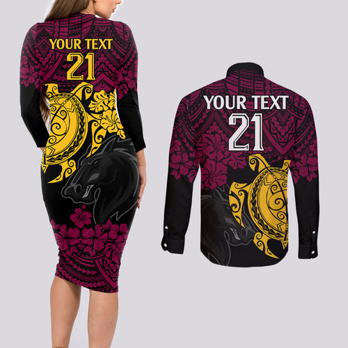 custom-broncos-rugby-couples-matching-long-sleeve-bodycon-dress-and-long-sleeve-button-shirt-brisbane-hibiscus-and-turtle-with-polynesian-pattern