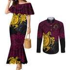 custom-broncos-rugby-couples-matching-mermaid-dress-and-long-sleeve-button-shirt-brisbane-hibiscus-and-turtle-with-polynesian-pattern