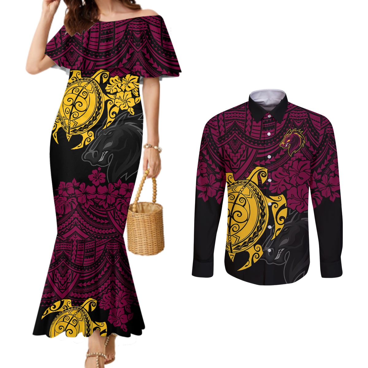 custom-broncos-rugby-couples-matching-mermaid-dress-and-long-sleeve-button-shirt-brisbane-hibiscus-and-turtle-with-polynesian-pattern