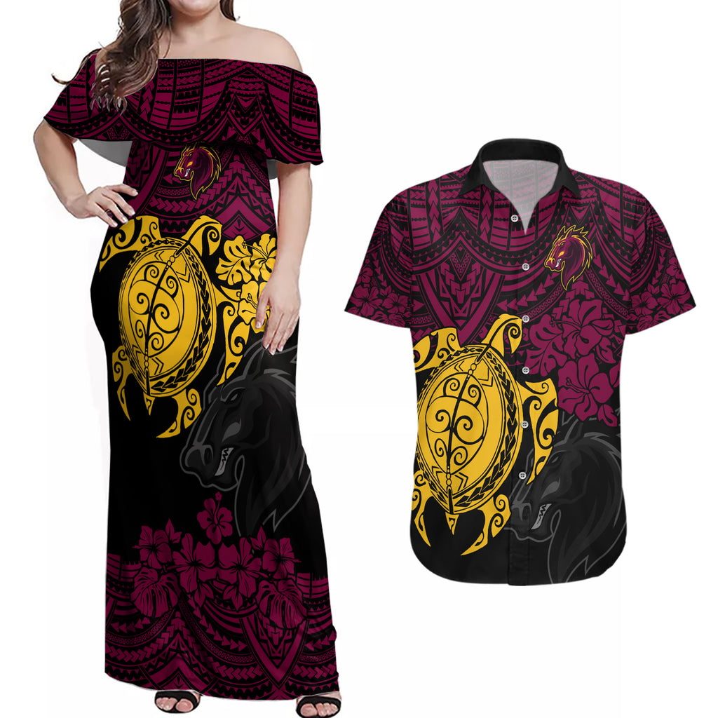 custom-broncos-rugby-couples-matching-off-shoulder-maxi-dress-and-hawaiian-shirt-brisbane-hibiscus-and-turtle-with-polynesian-pattern
