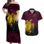 custom-broncos-rugby-couples-matching-off-shoulder-maxi-dress-and-hawaiian-shirt-brisbane-hibiscus-and-turtle-with-polynesian-pattern