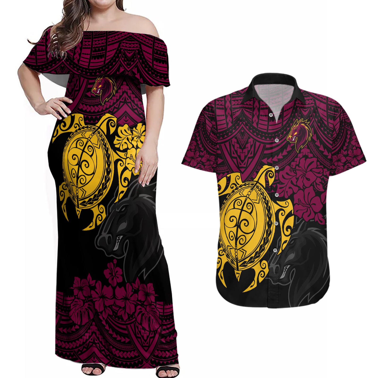 custom-broncos-rugby-couples-matching-off-shoulder-maxi-dress-and-hawaiian-shirt-brisbane-hibiscus-and-turtle-with-polynesian-pattern