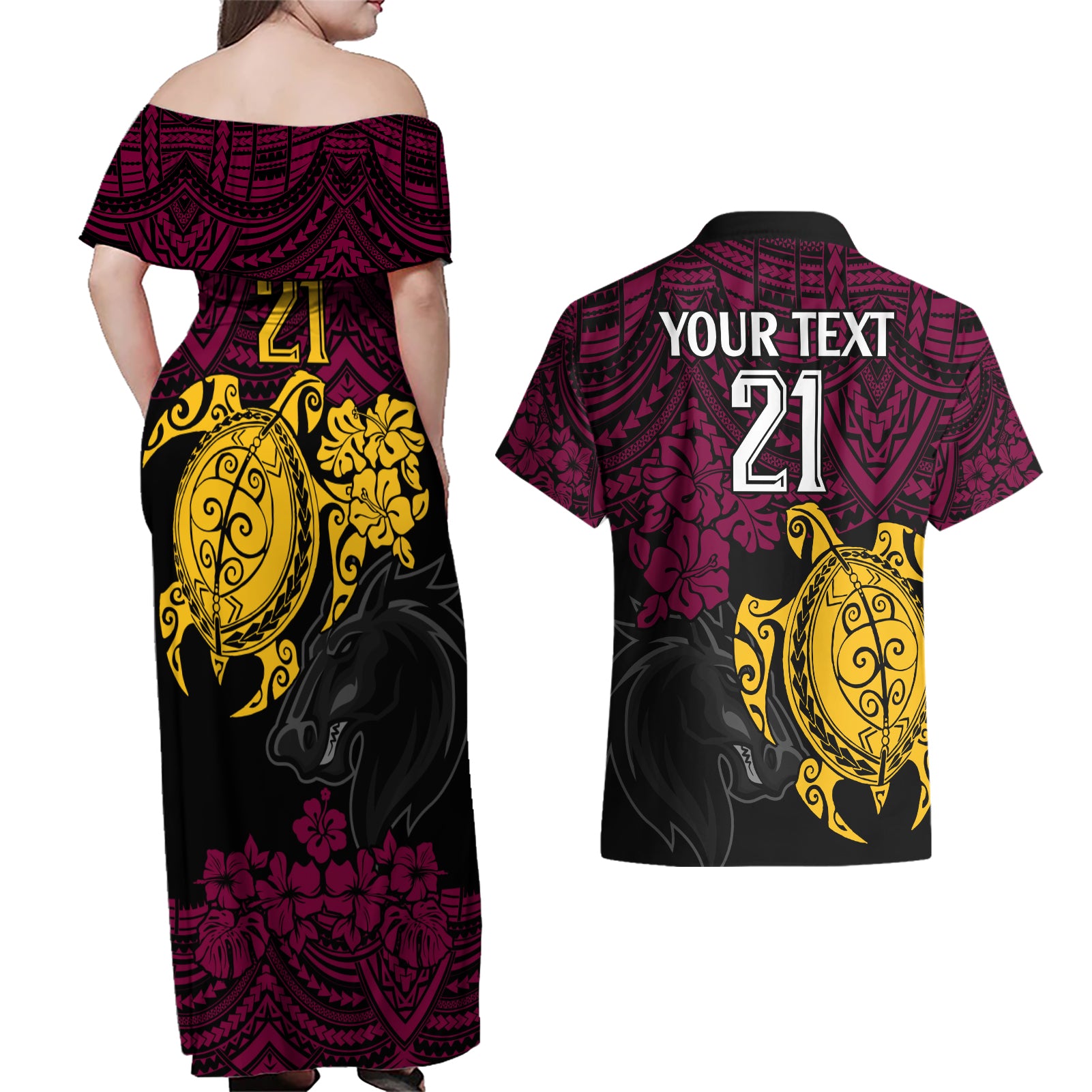 custom-broncos-rugby-couples-matching-off-shoulder-maxi-dress-and-hawaiian-shirt-brisbane-hibiscus-and-turtle-with-polynesian-pattern