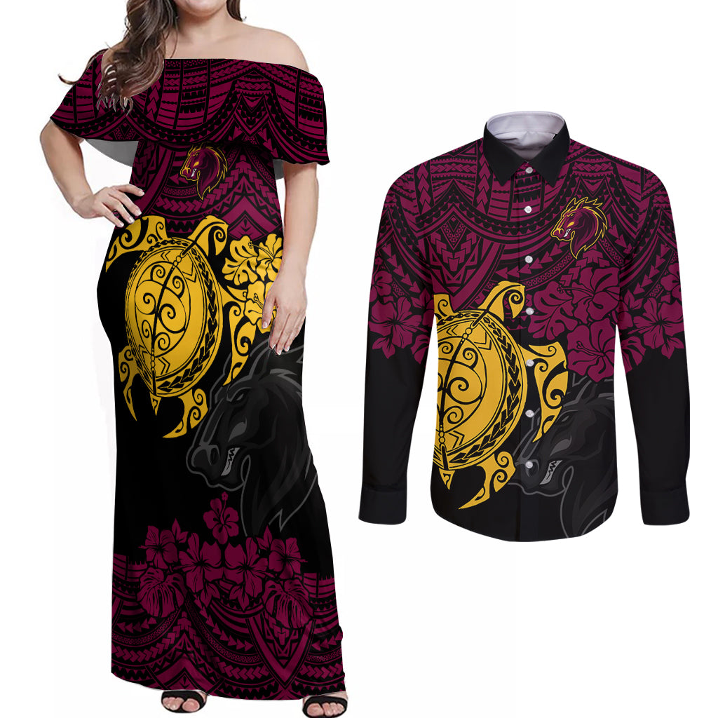 custom-broncos-rugby-couples-matching-off-shoulder-maxi-dress-and-long-sleeve-button-shirt-brisbane-hibiscus-and-turtle-with-polynesian-pattern