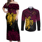 custom-broncos-rugby-couples-matching-off-shoulder-maxi-dress-and-long-sleeve-button-shirt-brisbane-hibiscus-and-turtle-with-polynesian-pattern