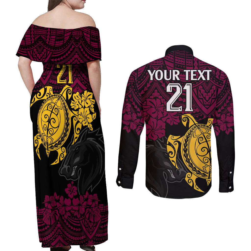 custom-broncos-rugby-couples-matching-off-shoulder-maxi-dress-and-long-sleeve-button-shirt-brisbane-hibiscus-and-turtle-with-polynesian-pattern