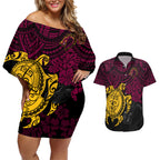 custom-broncos-rugby-couples-matching-off-shoulder-short-dress-and-hawaiian-shirt-brisbane-hibiscus-and-turtle-with-polynesian-pattern