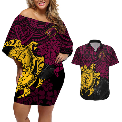 custom-broncos-rugby-couples-matching-off-shoulder-short-dress-and-hawaiian-shirt-brisbane-hibiscus-and-turtle-with-polynesian-pattern