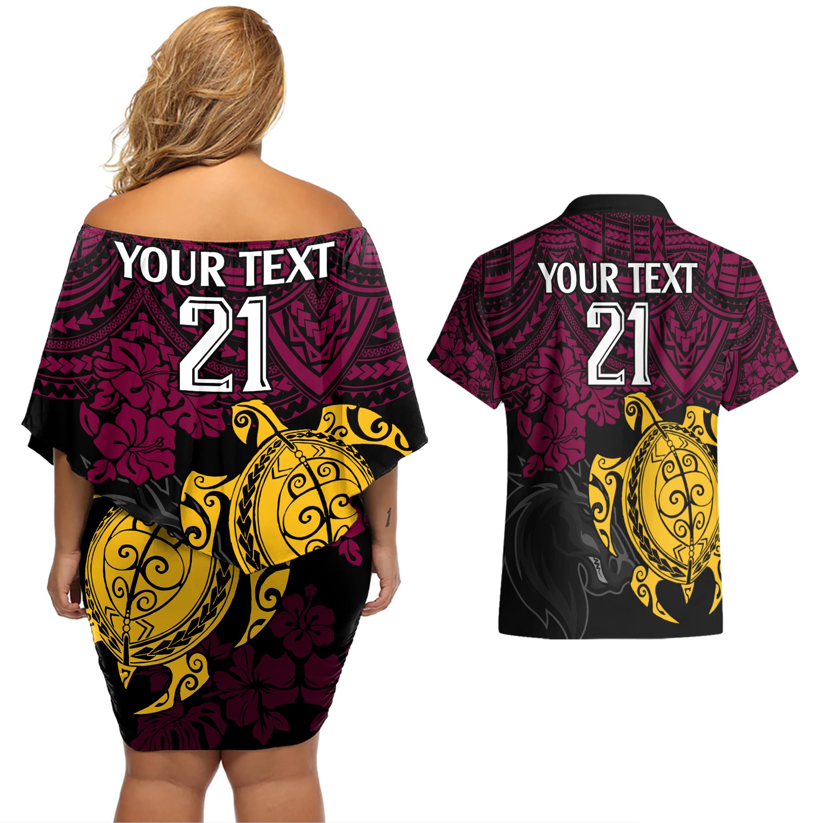 custom-broncos-rugby-couples-matching-off-shoulder-short-dress-and-hawaiian-shirt-brisbane-hibiscus-and-turtle-with-polynesian-pattern