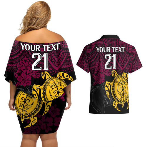 custom-broncos-rugby-couples-matching-off-shoulder-short-dress-and-hawaiian-shirt-brisbane-hibiscus-and-turtle-with-polynesian-pattern