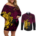 custom-broncos-rugby-couples-matching-off-shoulder-short-dress-and-long-sleeve-button-shirt-brisbane-hibiscus-and-turtle-with-polynesian-pattern