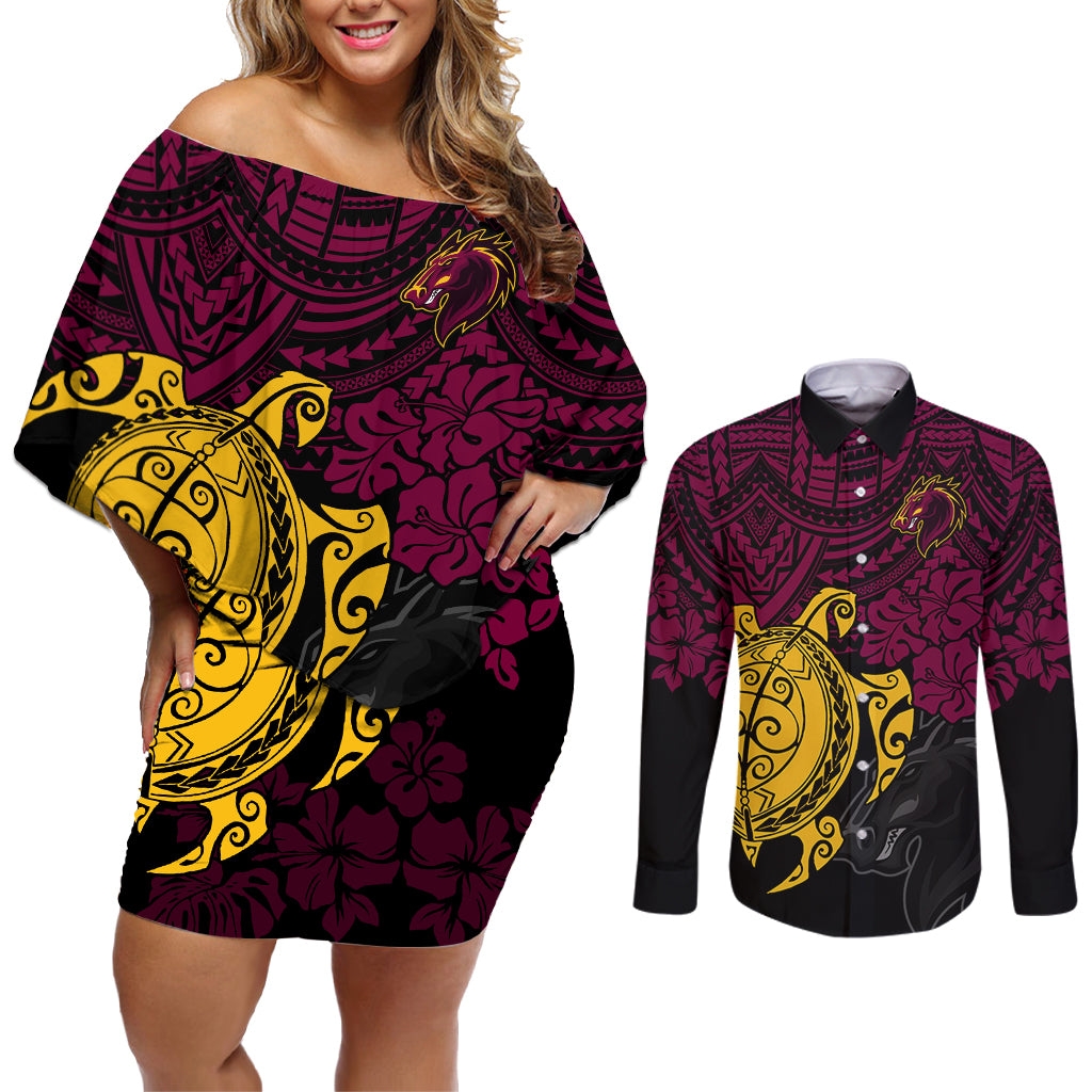 custom-broncos-rugby-couples-matching-off-shoulder-short-dress-and-long-sleeve-button-shirt-brisbane-hibiscus-and-turtle-with-polynesian-pattern