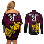 custom-broncos-rugby-couples-matching-off-shoulder-short-dress-and-long-sleeve-button-shirt-brisbane-hibiscus-and-turtle-with-polynesian-pattern