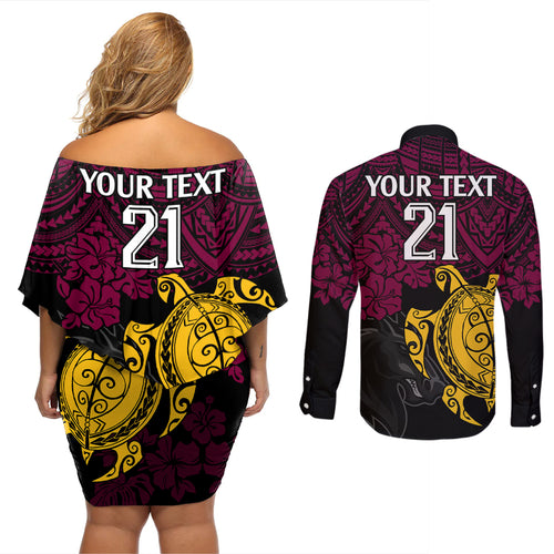 custom-broncos-rugby-couples-matching-off-shoulder-short-dress-and-long-sleeve-button-shirt-brisbane-hibiscus-and-turtle-with-polynesian-pattern