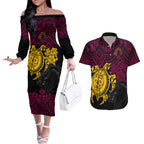 custom-broncos-rugby-couples-matching-off-the-shoulder-long-sleeve-dress-and-hawaiian-shirt-brisbane-hibiscus-and-turtle-with-polynesian-pattern