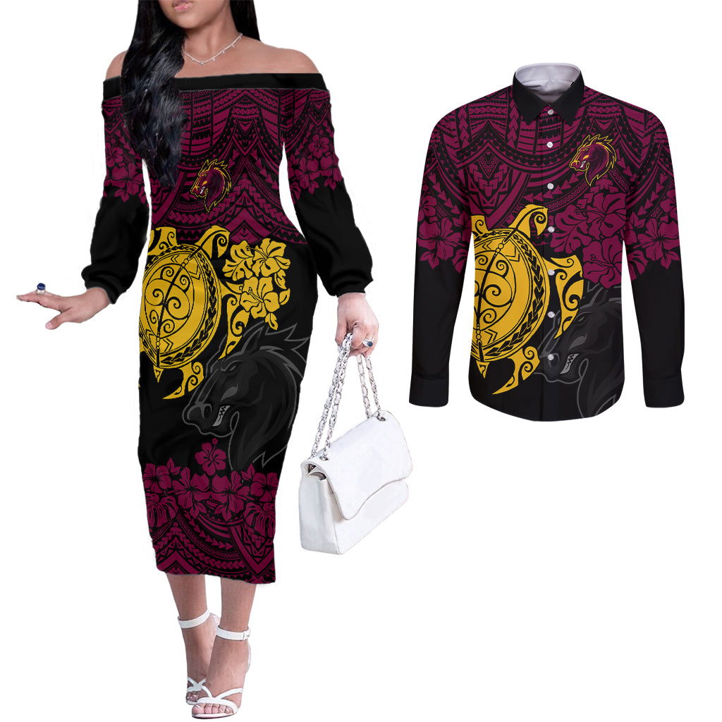 custom-broncos-rugby-couples-matching-off-the-shoulder-long-sleeve-dress-and-long-sleeve-button-shirt-brisbane-hibiscus-and-turtle-with-polynesian-pattern