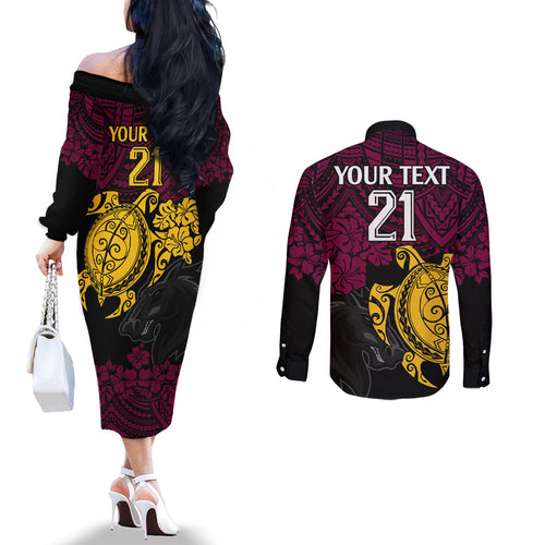 custom-broncos-rugby-couples-matching-off-the-shoulder-long-sleeve-dress-and-long-sleeve-button-shirt-brisbane-hibiscus-and-turtle-with-polynesian-pattern