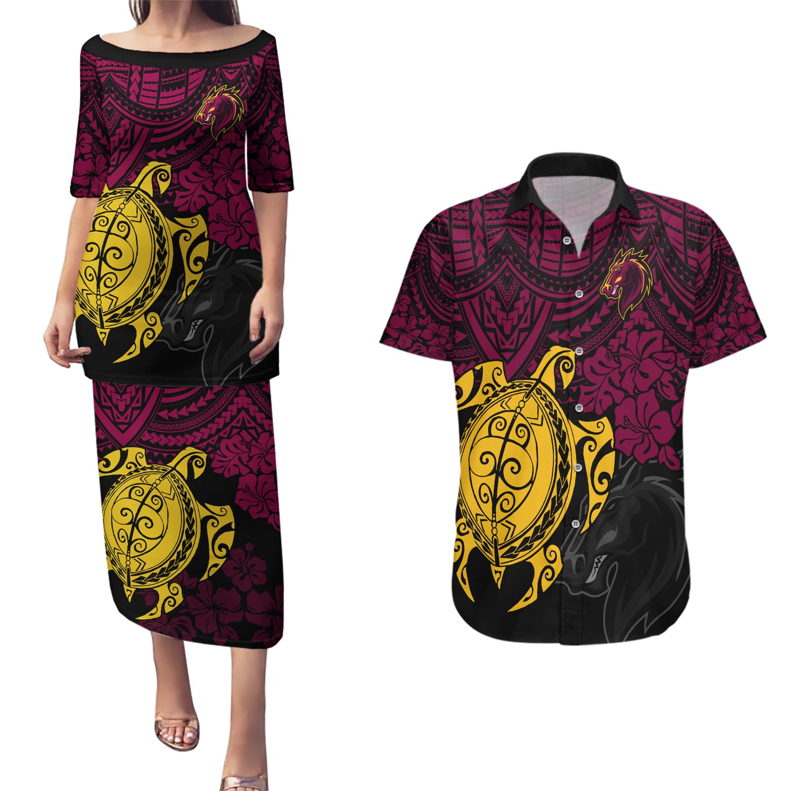 custom-broncos-rugby-couples-matching-puletasi-dress-and-hawaiian-shirt-brisbane-hibiscus-and-turtle-with-polynesian-pattern