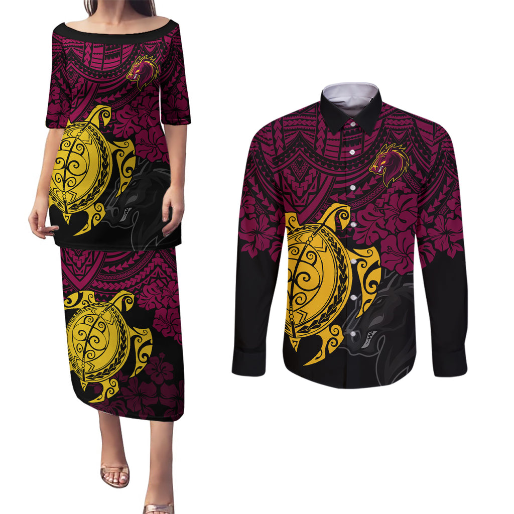 custom-broncos-rugby-couples-matching-puletasi-dress-and-long-sleeve-button-shirt-brisbane-hibiscus-and-turtle-with-polynesian-pattern