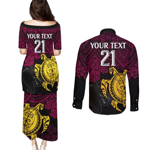 custom-broncos-rugby-couples-matching-puletasi-dress-and-long-sleeve-button-shirt-brisbane-hibiscus-and-turtle-with-polynesian-pattern