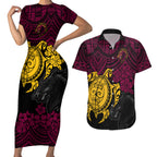 custom-broncos-rugby-couples-matching-short-sleeve-bodycon-dress-and-hawaiian-shirt-brisbane-hibiscus-and-turtle-with-polynesian-pattern