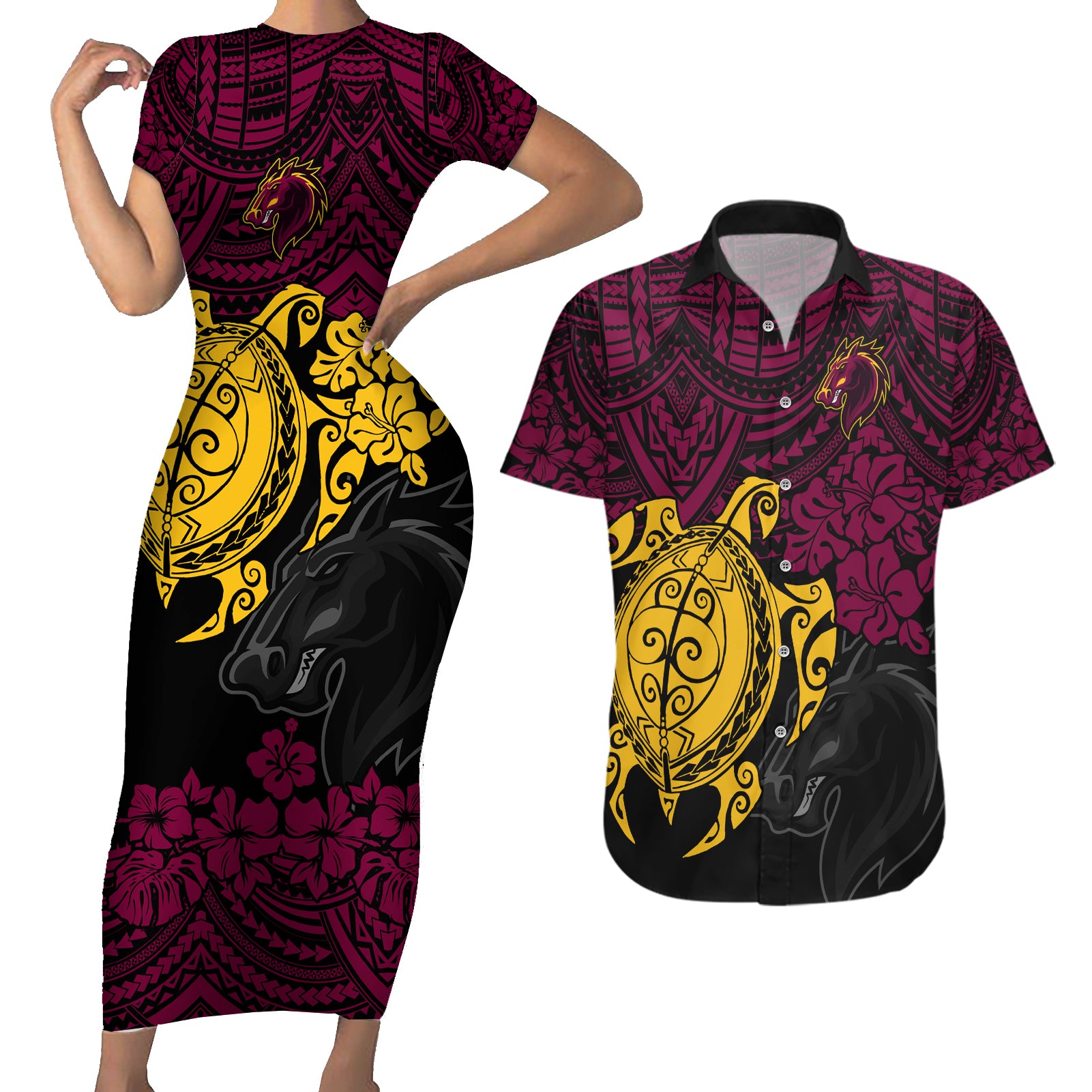 custom-broncos-rugby-couples-matching-short-sleeve-bodycon-dress-and-hawaiian-shirt-brisbane-hibiscus-and-turtle-with-polynesian-pattern