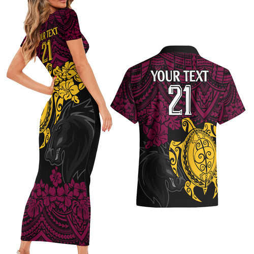 custom-broncos-rugby-couples-matching-short-sleeve-bodycon-dress-and-hawaiian-shirt-brisbane-hibiscus-and-turtle-with-polynesian-pattern