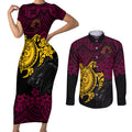 custom-broncos-rugby-couples-matching-short-sleeve-bodycon-dress-and-long-sleeve-button-shirt-brisbane-hibiscus-and-turtle-with-polynesian-pattern