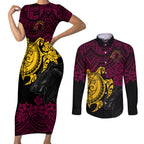 custom-broncos-rugby-couples-matching-short-sleeve-bodycon-dress-and-long-sleeve-button-shirt-brisbane-hibiscus-and-turtle-with-polynesian-pattern