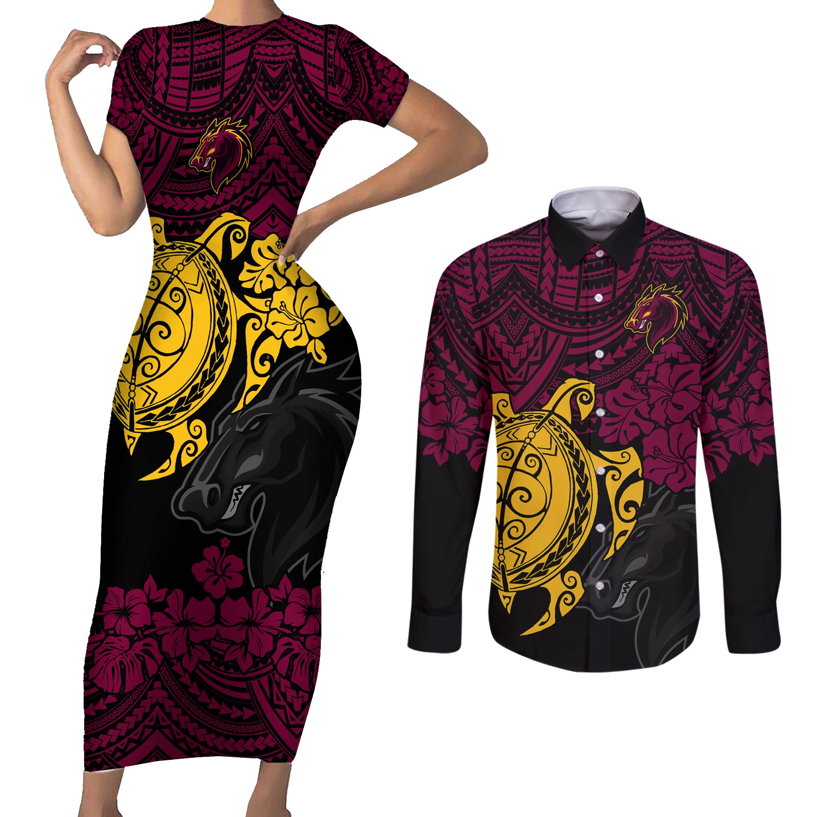 custom-broncos-rugby-couples-matching-short-sleeve-bodycon-dress-and-long-sleeve-button-shirt-brisbane-hibiscus-and-turtle-with-polynesian-pattern