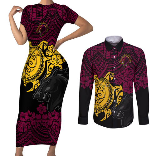 custom-broncos-rugby-couples-matching-short-sleeve-bodycon-dress-and-long-sleeve-button-shirt-brisbane-hibiscus-and-turtle-with-polynesian-pattern