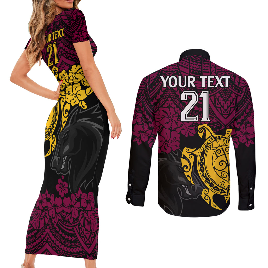custom-broncos-rugby-couples-matching-short-sleeve-bodycon-dress-and-long-sleeve-button-shirt-brisbane-hibiscus-and-turtle-with-polynesian-pattern