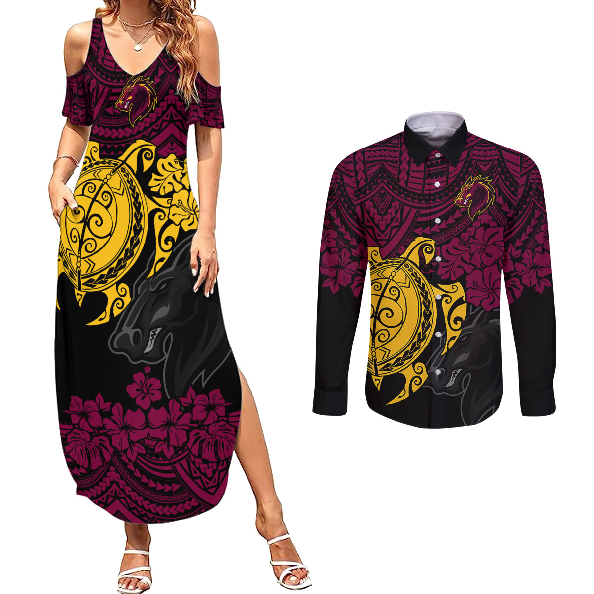 custom-broncos-rugby-couples-matching-summer-maxi-dress-and-long-sleeve-button-shirt-brisbane-hibiscus-and-turtle-with-polynesian-pattern
