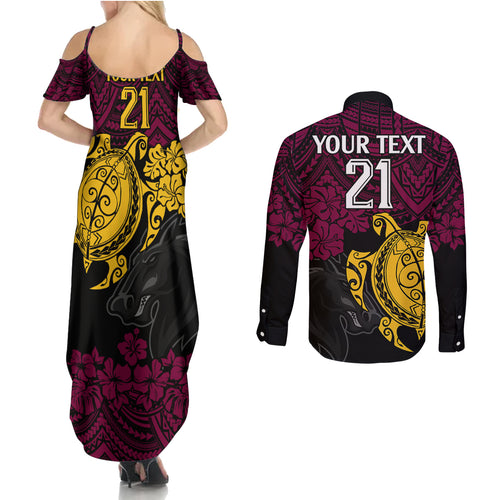 custom-broncos-rugby-couples-matching-summer-maxi-dress-and-long-sleeve-button-shirt-brisbane-hibiscus-and-turtle-with-polynesian-pattern