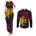 custom-broncos-rugby-couples-matching-tank-maxi-dress-and-long-sleeve-button-shirt-brisbane-hibiscus-and-turtle-with-polynesian-pattern