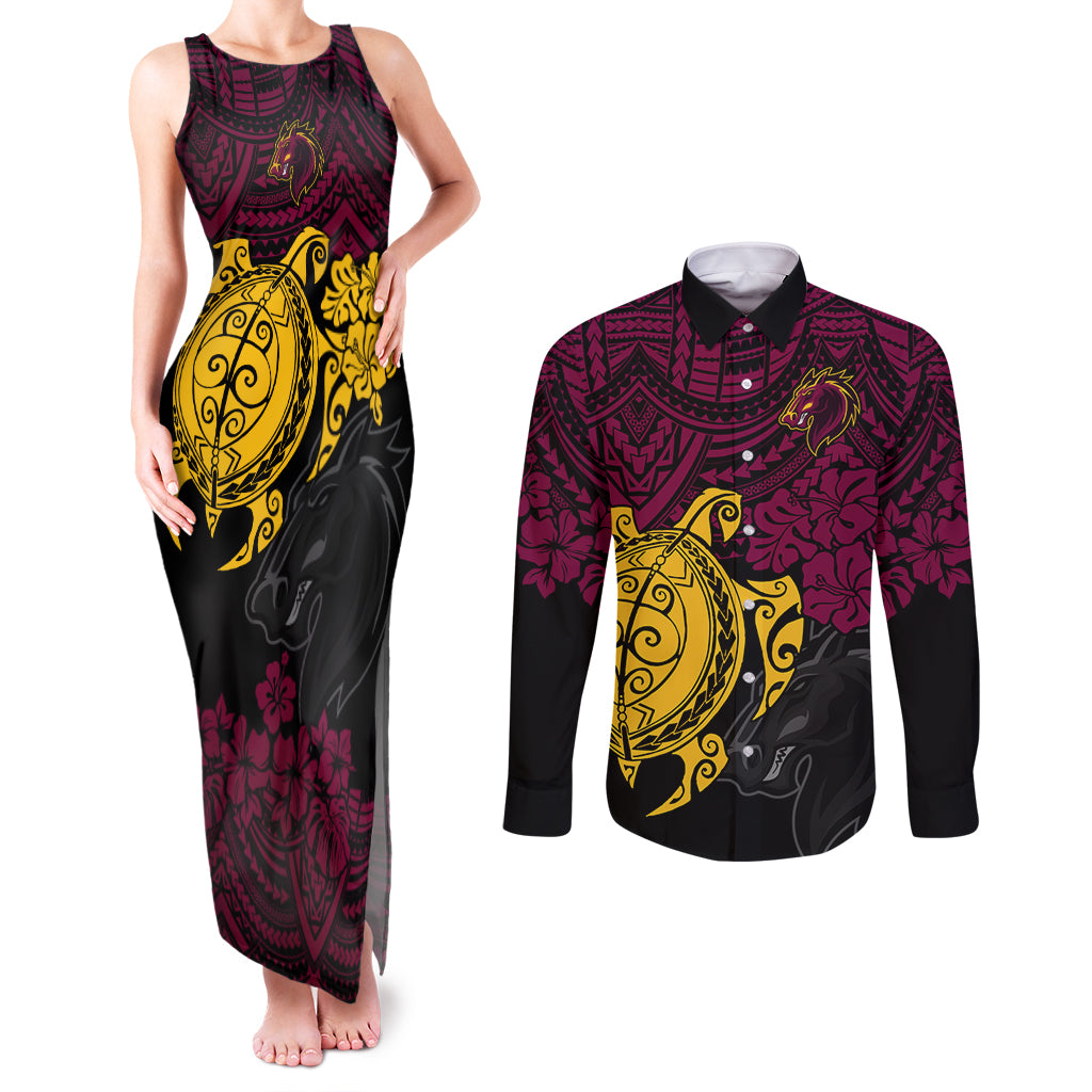 custom-broncos-rugby-couples-matching-tank-maxi-dress-and-long-sleeve-button-shirt-brisbane-hibiscus-and-turtle-with-polynesian-pattern