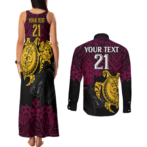 custom-broncos-rugby-couples-matching-tank-maxi-dress-and-long-sleeve-button-shirt-brisbane-hibiscus-and-turtle-with-polynesian-pattern