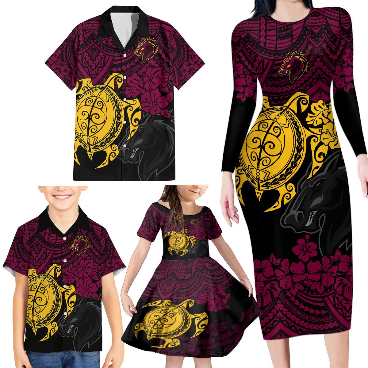 custom-broncos-rugby-family-matching-long-sleeve-bodycon-dress-and-hawaiian-shirt-brisbane-hibiscus-and-turtle-with-polynesian-pattern