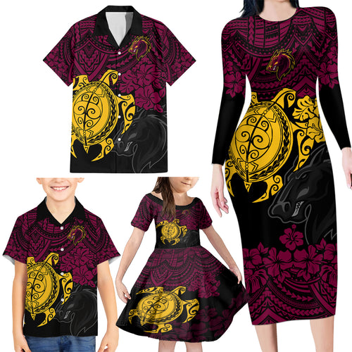 custom-broncos-rugby-family-matching-long-sleeve-bodycon-dress-and-hawaiian-shirt-brisbane-hibiscus-and-turtle-with-polynesian-pattern