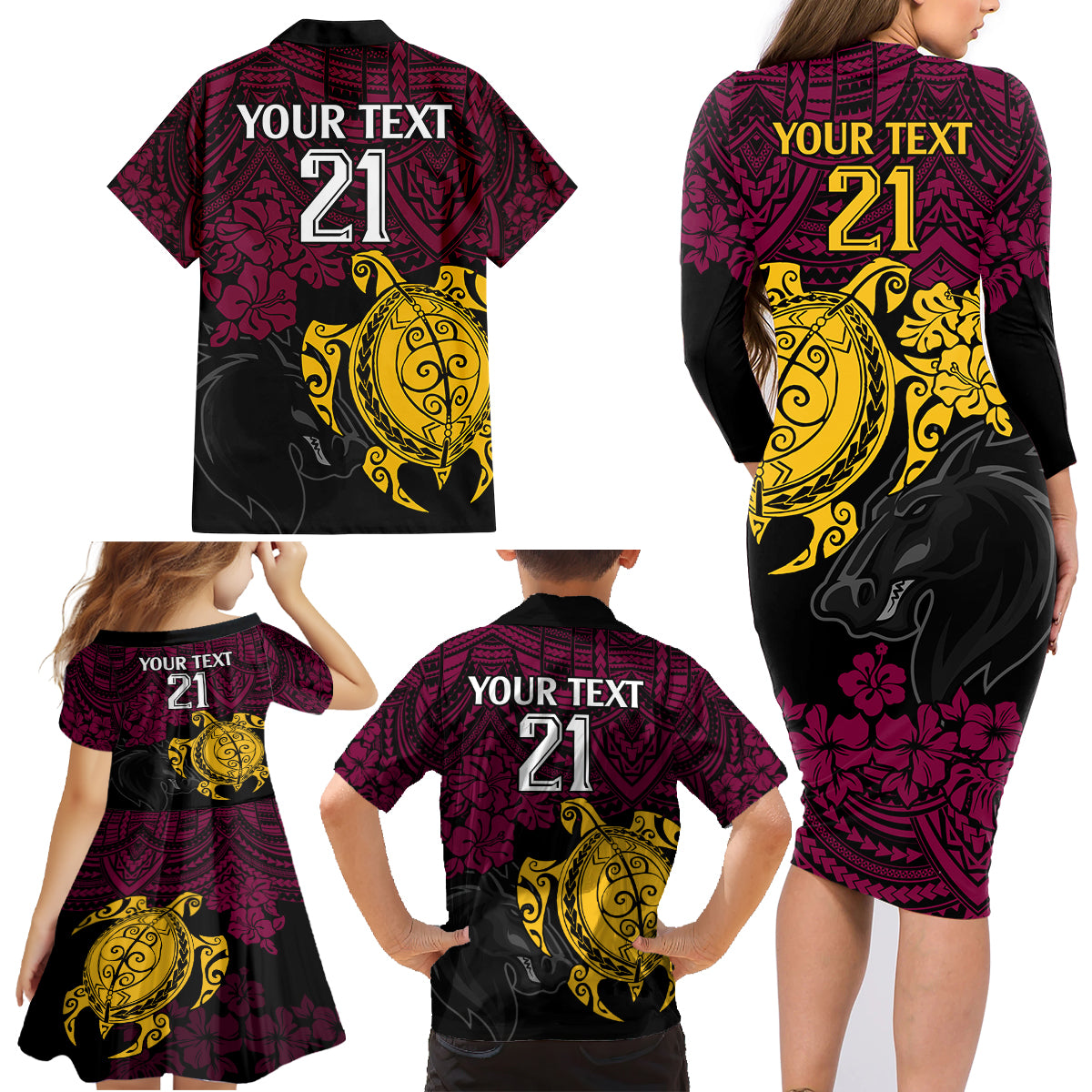 custom-broncos-rugby-family-matching-long-sleeve-bodycon-dress-and-hawaiian-shirt-brisbane-hibiscus-and-turtle-with-polynesian-pattern