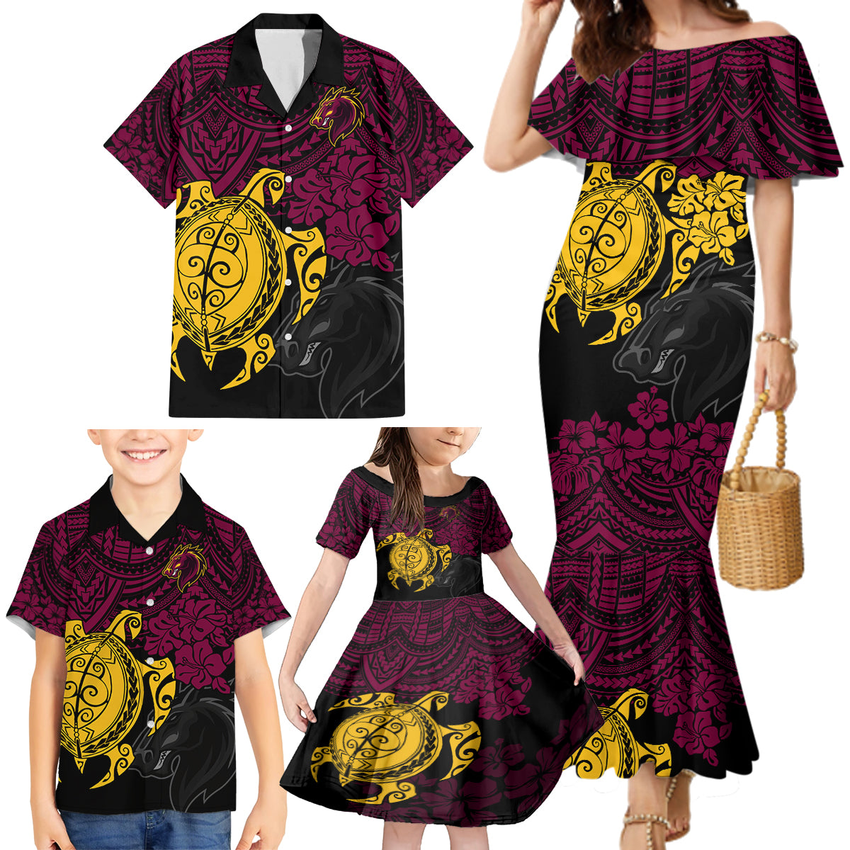 custom-broncos-rugby-family-matching-mermaid-dress-and-hawaiian-shirt-brisbane-hibiscus-and-turtle-with-polynesian-pattern