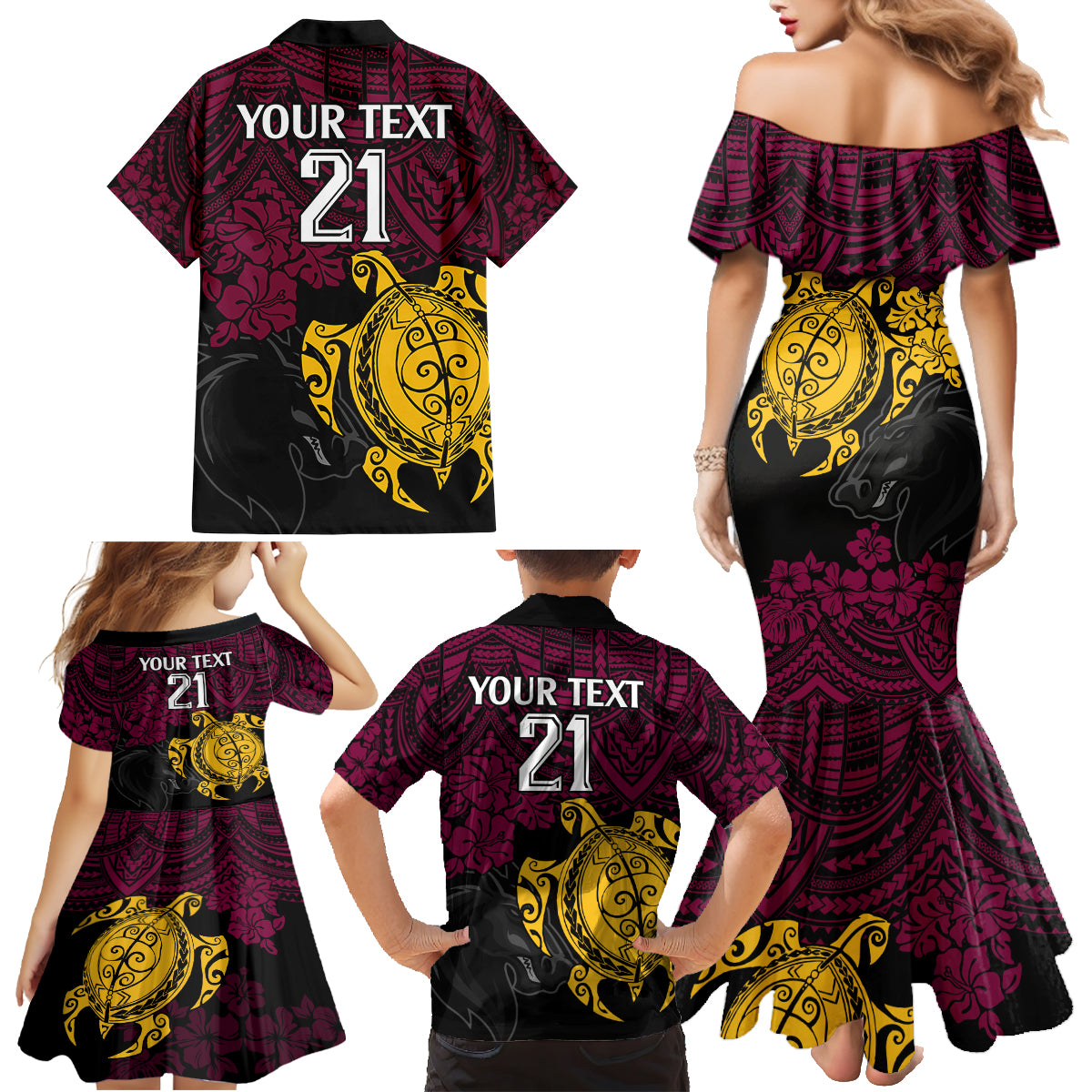 custom-broncos-rugby-family-matching-mermaid-dress-and-hawaiian-shirt-brisbane-hibiscus-and-turtle-with-polynesian-pattern